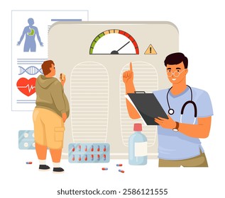 A healthcare professional is engaged with a patient while reviewing health data and medication. Charts, pills, and a monitor indicate a thorough examination process