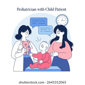 Healthcare professional interacts with a child patient in a friendly setting. The pediatrician offers comfort with a toy bear while a parent supports the child's visit. A positive atmosphere
