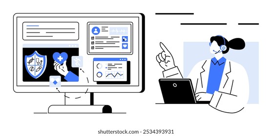 Um profissional de saúde em um jaleco de laboratório aborda um painel de informações médicas digitais em um computador. Ideal para tecnologia médica, serviços de telessaúde, análise de dados de assistência médica, informática de saúde