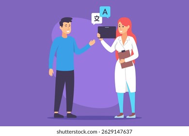 Healthcare professional in lab coat discussing medical options with Asian patient. Medical consultation concept