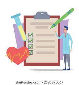 Healthcare professional in lab coat presenting health assessment checklist. Checklist marked with checks, and heart with ECG line visible alongside test tube