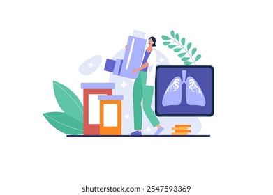 A healthcare professional is lifting a large medical supply box with medicine bottles and a lung x-ray nearby. Vector illustration