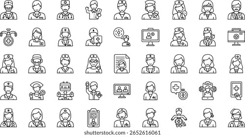Healthcare professional line icons featuring doctors, nurses, patients, and medical services outline vector illustration set. Includes consultation,