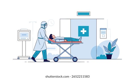 Profissional de saúde com equipamento de proteção transportando um paciente em uma maca para uma instalação médica com sinalização de sala de emergência e plantas em vaso