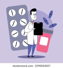 Healthcare professional standing in clinic holding clipboard, surrounded by medication bottles and pill packs. Health and patient care concept