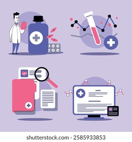 Healthcare professional standing with prescription, various medical elements, like test tubes and digital reports showing advancements in medicine and patient care