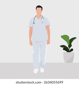 A healthcare professional standing in a room with grey background and a potted plant with large green leaves vector illustration.