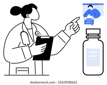 A healthcare professional with a stethoscope and clipboard points towards an online cashback offer related to purchasing medication. Ideal for medical services, online pharmacies, digital health