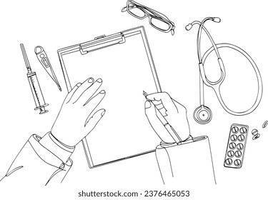 Profesional sanitario con Stethoscope: Ilustración continua del vector de línea de la escritura del doctor, línea continua de arte de la visita del doctor: Ilustración vectorial del médico en el entorno médico