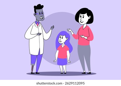Healthcare professional talking with child and her parent in friendly manner. Open communication about health concept