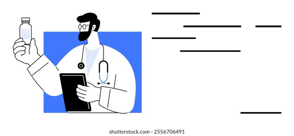 A healthcare professional wearing a white coat and stethoscope holds a medication vial in one hand and a tablet with a clipboard in the other. Ideal for medical industry, healthcare services