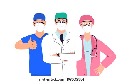 Healthcare Professionals Banner Template. Hand Drawn Group Of Doctors And Nurses Isolated On White Background. Medical Team Workers Wearing Face Mask. Hospital Heroes Vector Flat Illustration