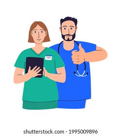 Healthcare professionals banner template. Hand drawn group of doctors and nurses isolated on white background. Medical team workers wearing uniform. Hospital heroes vector flat illustration