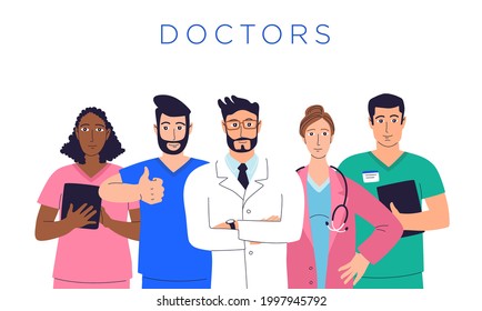 Healthcare professionals banner template. Hand drawn group of doctors and nurses isolated on white background. Medical team workers wearing uniform. Hospital heroes vector flat illustration