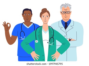 Healthcare professionals banner template. Hand drawn group of doctors and nurses isolated on white background. Medical team workers wearing uniform. Hospital heroes vector flat illustration