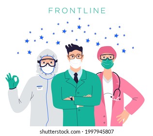 Healthcare Professionals Banner Template. Hand Drawn Group Of Doctors And Nurses Isolated On White Background. Medical Team Workers Wearing Face Mask. Hospital Heroes Vector Flat Illustration