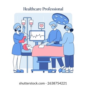 Healthcare professionals collaborating in a surgical setting. The team is engaged in patient care, utilizing medical equipment and ensuring a safe environment. Communication and teamwork are key.