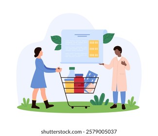 Healthcare professionals consulting a shopper with a cart full of medications, large prescription document background, providing medical advice in an outdoor setting vector illustration.