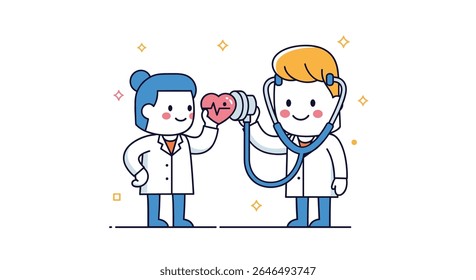 Healthcare professionals conveying affection through heartbeat monitoring and care vector design elements
