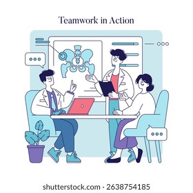 Healthcare professionals engaged in a collaborative discussion, analyzing medical data and diagrams. This illustration highlights teamwork, communication, and innovation in the healthcare setting.