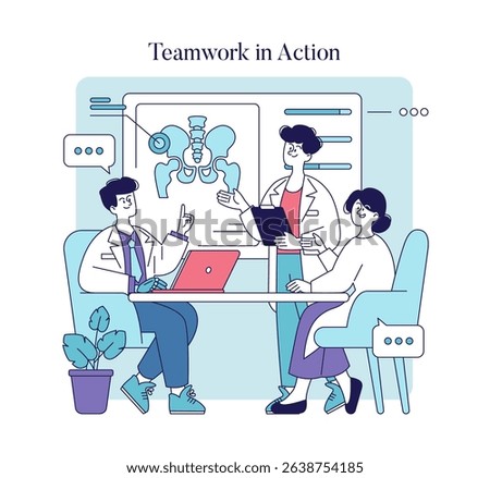 Healthcare professionals engaged in a collaborative discussion, analyzing medical data and diagrams. This illustration highlights teamwork, communication, and innovation in the healthcare setting.