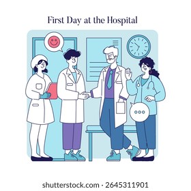 A healthcare professional's first day at the hospital introduces new colleagues and challenges. This illustration captures the teamwork and warm welcome in a medical environment, showcasing support