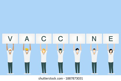 Healthcare professionals holding a board labeled VACCINE