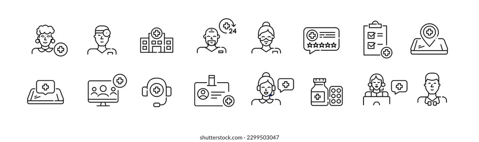 Healthcare professionals and hospital. General practitioner, 24 hour support, online services. Pixel perfect, editable stroke icons set