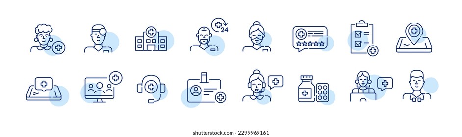 Healthcare professionals and hospital. General practitioner, 24 hour support, online services. Pixel perfect, editable stroke icons set