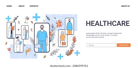 Healthcare professionals line art medical team illustration featuring diverse healthcare workers in various roles surrounded by medical symbols and floral elements minimalistic style