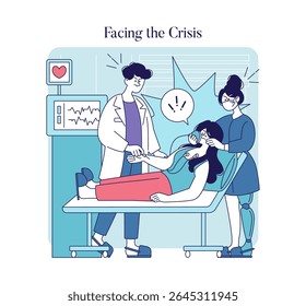 Os profissionais de saúde respondem urgentemente a uma crise médica, mostrando trabalho em equipe e compaixão. A cena ilustra sua dedicação enquanto trabalham para estabilizar o paciente em um ambiente tenso.