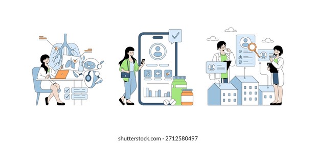 Profesionales de la salud que utilizan dispositivos y aplicaciones digitales para el análisis y la gestión de datos médicos. Ilustración vectorial que muestra la integración de la tecnología en las Configuraciones sanitarias.