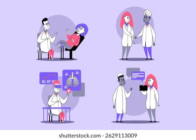 Profissionais de saúde em várias atividades, incluindo consultas, discussões, exames e planejamento de tratamento. Trabalho em equipe no conceito de tratamento de pacientes