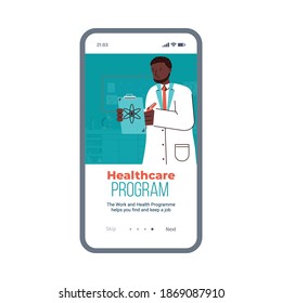Healthcare program application onboarding design with cartoon character of doctor, flat vector illustration. Health and medicine banner concept for mobile app.