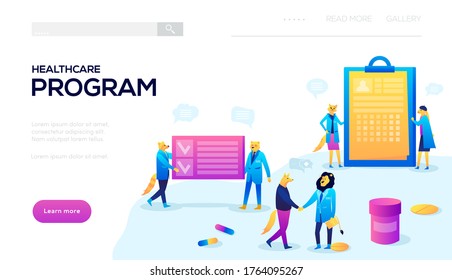 Healthcare program background. Modern illustration slider site page. Concept of the program for healthcare. Web banner for healthcare. The people responsible for protecting vector image design.