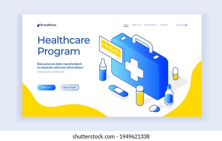 Healthcare program. Landing page website banner template. Vector isometric illustration of medical first aid kit box and various drugs. Contemporary healthcare program