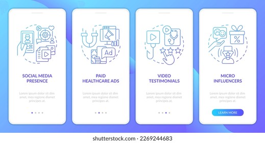 Healthcare promotion blue gradient onboarding mobile app screen. Walkthrough 4 steps graphic instructions with linear concepts. UI, UX, GUI template. Myriad Pro-Bold, Regular fonts used
