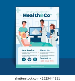 A healthcare promotional poster featuring a diverse group of medical professionals attending to a patient in a hospital setting. 