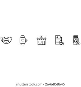 Healthcare protection digital wearable pharmacy prescription bottle icon set in outline style for clinic and drugstore vector illustration.