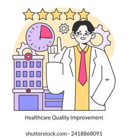 Healthcare Quality Improvement concept. Aiming for excellence in healthcare services. Ensuring timely patient care with modern facilities. Flat vector illustration.