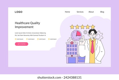 Healthcare Quality Improvement concept. Aiming for excellence in healthcare services. Ensuring timely patient care with modern facilities. Flat vector illustration.