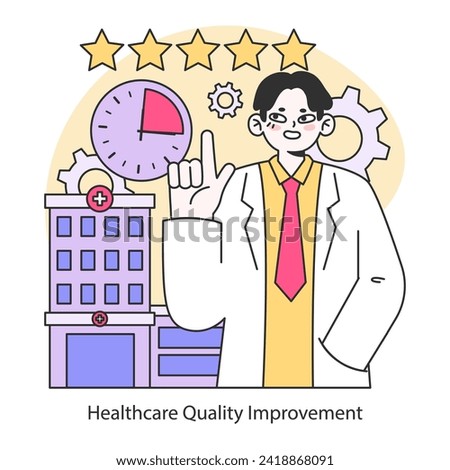 Healthcare Quality Improvement concept. Aiming for excellence in healthcare services. Ensuring timely patient care with modern facilities. Flat vector illustration.
