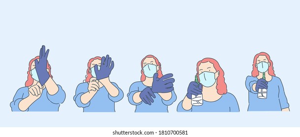 Healthcare, quarantine, protection, coronavirus infection concept. Young woman girl with medical face mask puts on gloves and pouring antiseptic.