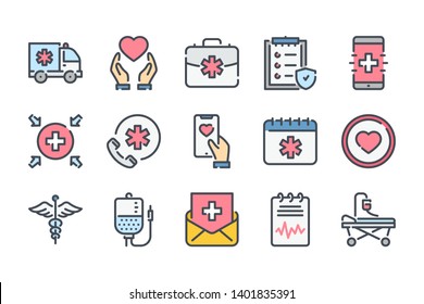 Healthcare Related Color Line Icon Set. Emergency Colorful Linear Icons. Hospital And Medical Care Flat Color  Outline Vector Signs And Symbols Collection.