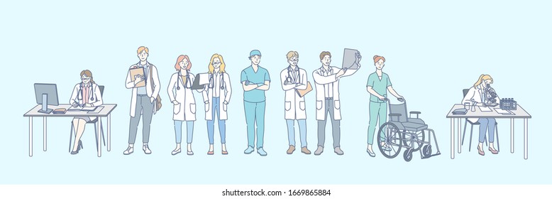 Healthcare, research, medicine set concept. Group of young doctors, men and women, healthcare specialists together. Scientific medical researches or surveys. Hospital communication