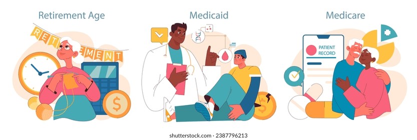 Healthcare and Retirement set. An elderly lady knitting during her retirement, a confident doctor discussing Medicaid, a worried man under Medicaid's care, and a loving elderly couple