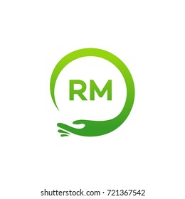 Healthcare RM initial logo designs template, Modern RM initial Care with hand symbol vector