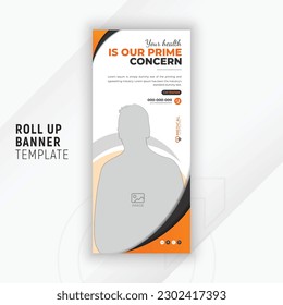 Healthcare rollup or x banner design template for medical care promotion with abstract yellow gradient color shapes and white background