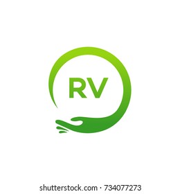 Healthcare RV initial logo designs template, Modern RV initial Care with hand symbol vector