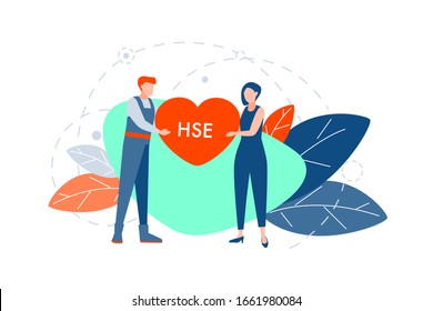 Healthcare, Safety, Environment Concept. Young Couple, Man And Woman Are Holding Big Heart Together With Hse Letters On It. Health Protection And Enviromental Care Lifestyle Illustration. Flat Vector